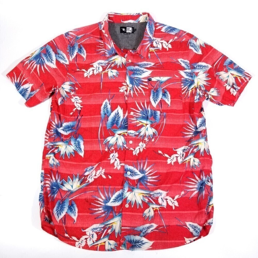 Ripcurl Red Hawaiian Print Short Sleeve Button Down Slim Fit Shirt Mens XXL 2X